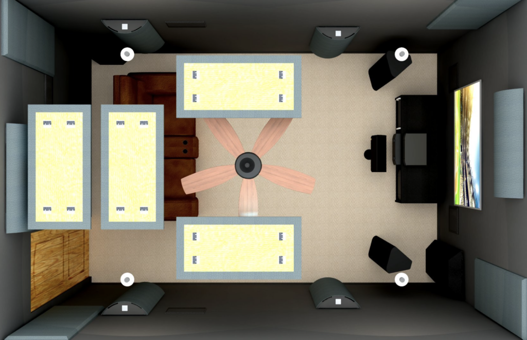 Overhead view showing placement of all the Acoustic Geometry products including the four ceiling-mounted Fabric-Wrapped Panels